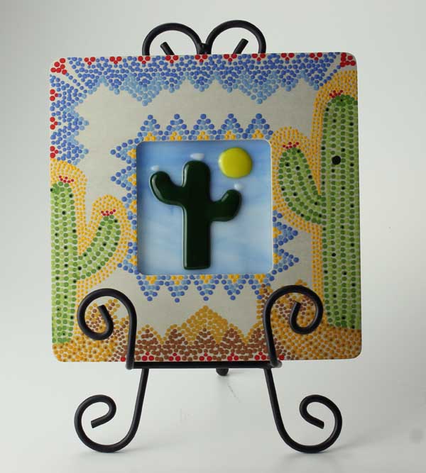 Saguaro in Bloom, fused glass by Diane C. Taylor, in hand-painted frame by Patty Lyons