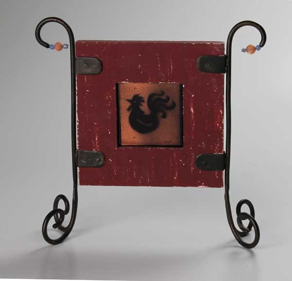 Barnyard Rooster, fused glass with copper mica, by Diane C. Taylor