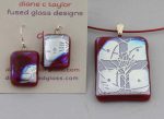 Etched silver squares dichroic on dark red pendant & earrings